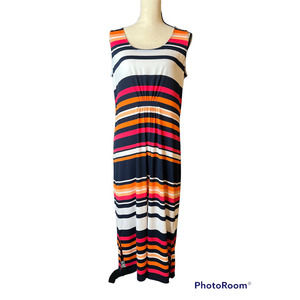 Jones New York Midi Dress in Bright Stripes of Blue Pink Orange Size Medium